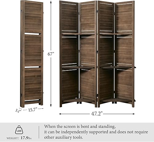 Miniatura 5 de Divisores de habitación, pantalla plegable de privacidad de madera con tres estantes de exhibición adecuados para oficina en casa, estudio,