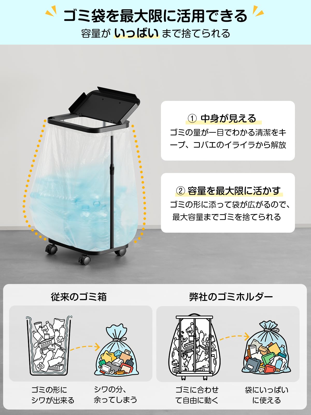 TTWO 横開きゴミ袋ホルダー ふた付き ゴミ箱 45l 高さ調整可 20L~90L袋対応 取っ手&底板付き 袋落ち防止 使いやすい キッチン 分別ゴミ箱 スリム ゴミ袋 生ゴミ スタンド ポリ袋ホルダー 蓋付き おしゃれ 簡易 ワイドな開口 ニオイ漏れ対策 キャスター/アジャスター付き オフィス リビング 洗面所 トイレ 屋外 (ブラック-横開き) - 5