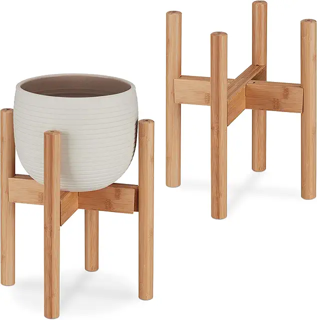 Bamboo Plant Stand Set of 2 - Adjustable & Stackable Pedestal for Pots up to 32 cm