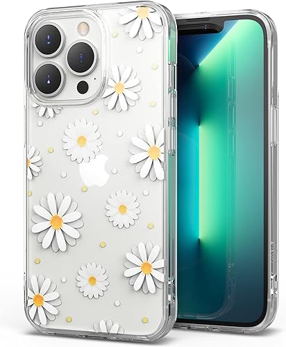 Ringke Fusion Design - Funda compatible con iPhone 13 Pro, parte trasera dura transparente con panel de diseño floral para niñas y mujeres, a prueba