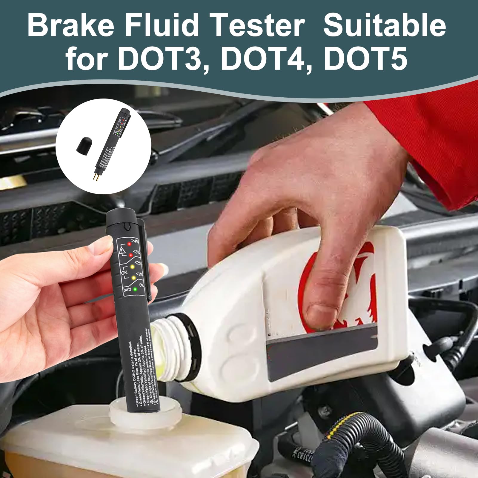 Tester Liquido Freni, Tester Olio Freni Universale con 5 LED Indicatore, Penna per Controllo DOT3 DOT4 DOT5, Rilevatore Contenuto Acqua, Strumento Portatile per Auto Moto Veicoli Officine Meccanici