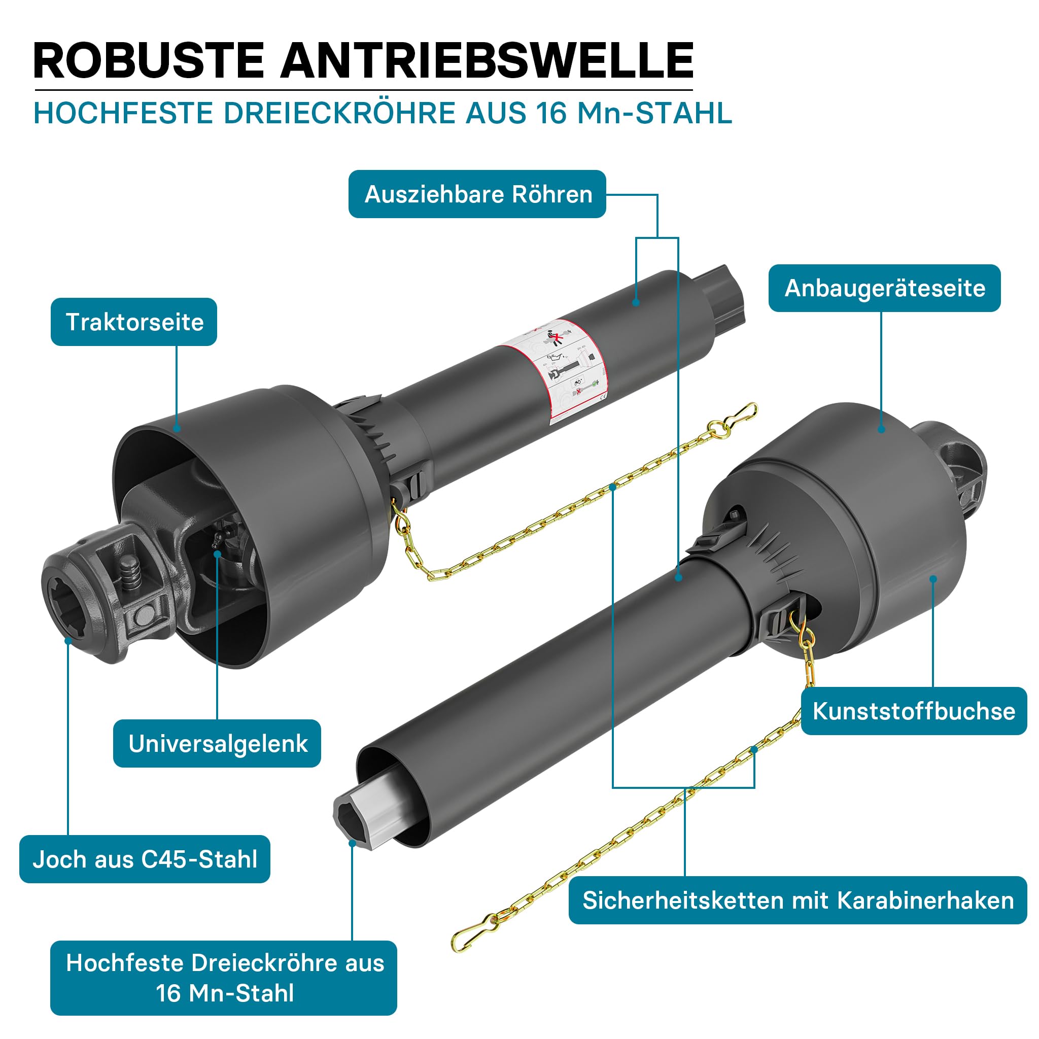 Wiltec Zapfwelle T4 Gelenkwelle 850-935mm 460Nm 540U/min, PTO-Shaft, 40kW (55PS), 2X 1 3/8" 6 Zähne