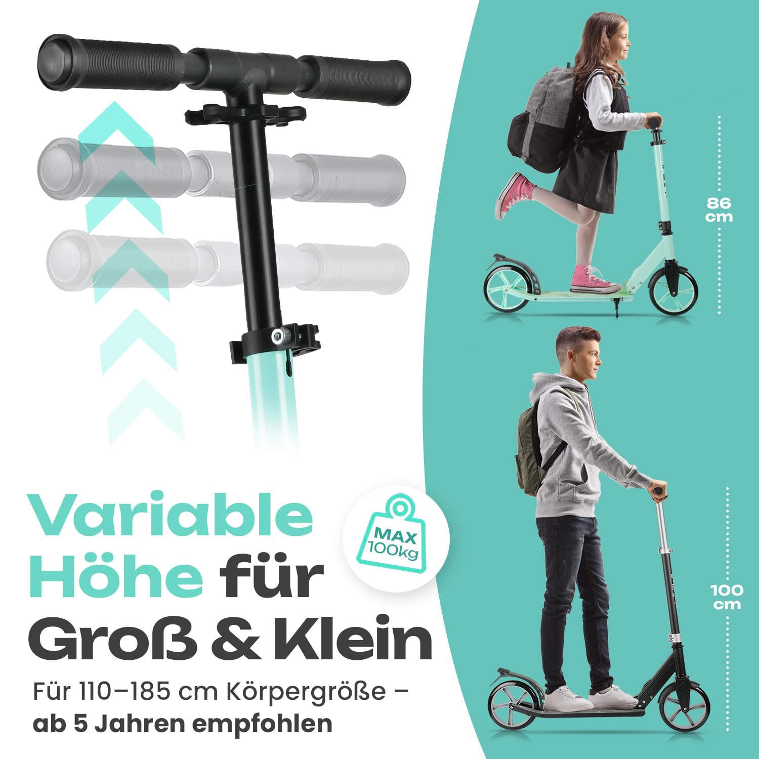 Rollkönig ® Scooter für Kinder ab 5 Jahren I Der Faltbare City-Scooter mit großen Rädern I Tret-Roller für Erwachsene mit bis zu 100kg Tragkraft