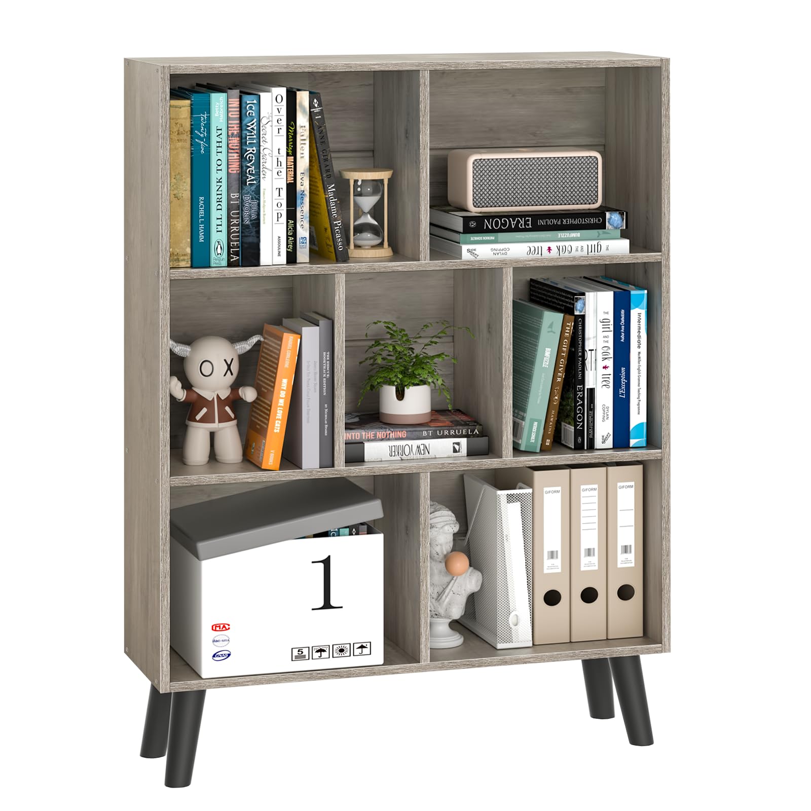 LEYAOYAO 7 Cube Bookshelf, 3 Tier Modern Bookcase with Legs, Mid-Century Modern Wood Book Shelves Storage, Retro Grey Book Case, Freestanding