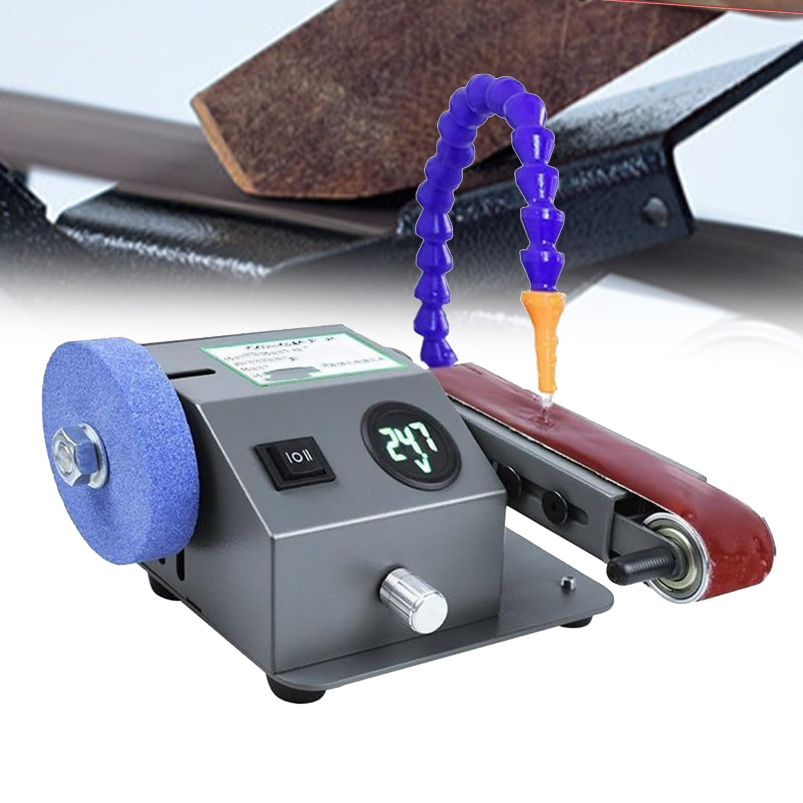 Lijadora de banda de doble propósito (seco y húmedo), 350 W, eléctrica, de banco y afiladora de cuchillos, con 10 bandas de lijado, ángulo de lijado de 0 a 90°, para uso doméstico y profesional