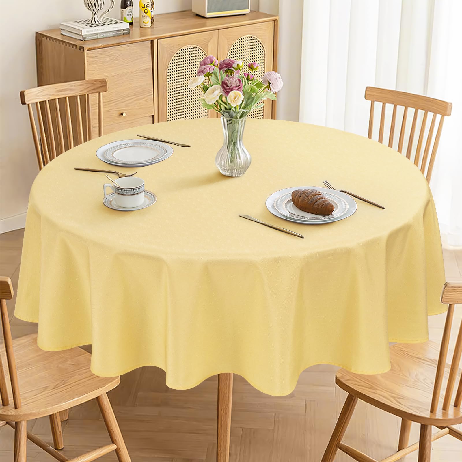 AooHome Tablecloth Round Φ180cm, Yellow Linen Look Tablecloths Washable Polyester Tablecloth Water-repellent with lotus effect, Durable Scratch resistant for living room, dining room, balcony, garden — image 1