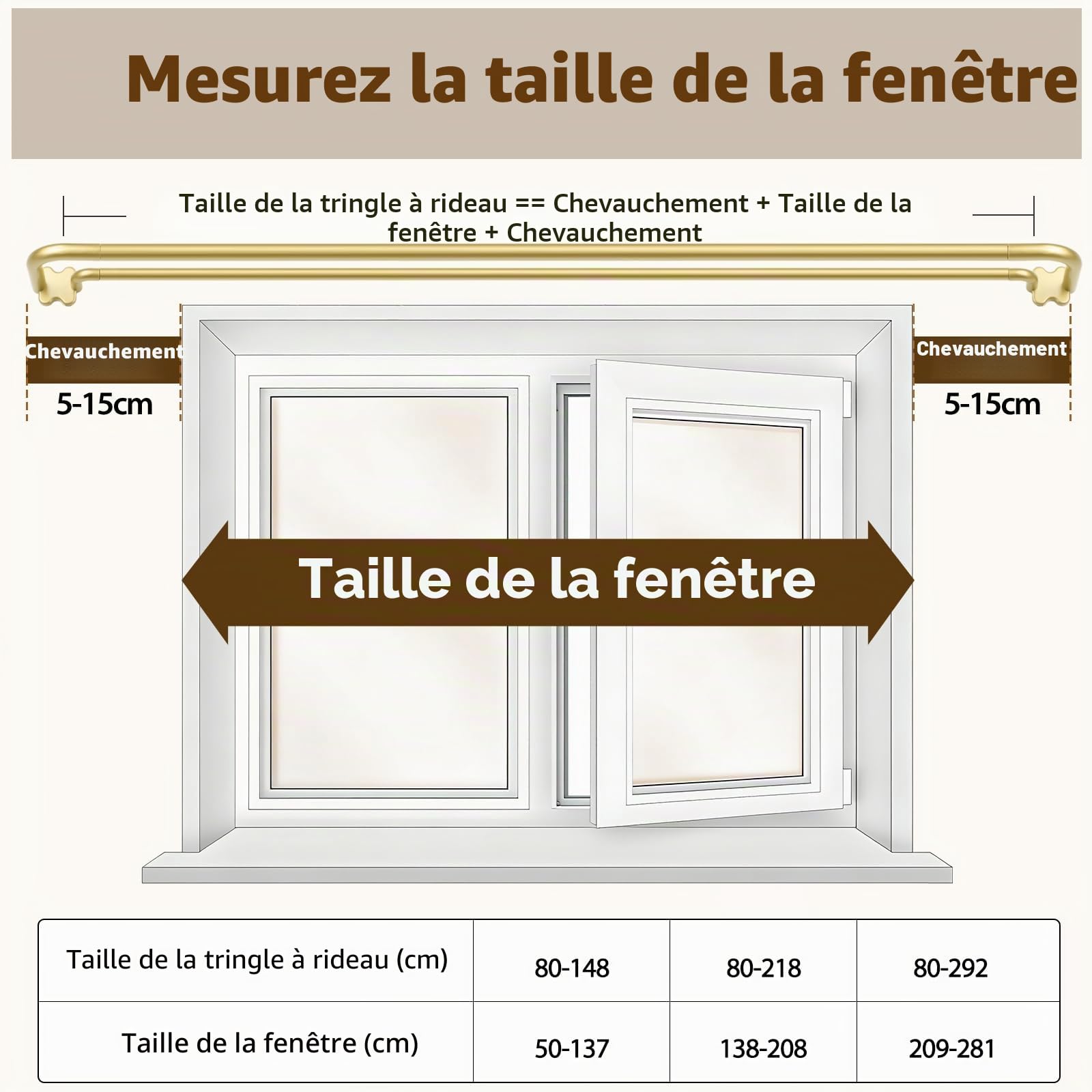 USFOOK Double Tringle a Rideaux Doré, Tringle Double Rideaux 80 à 292 cm | 19 mm Tringle Rideau Extensible, Barre de Rideaux Métal, avec Embouts Courbés, pour Rideaux Occultants, pour Cuisine