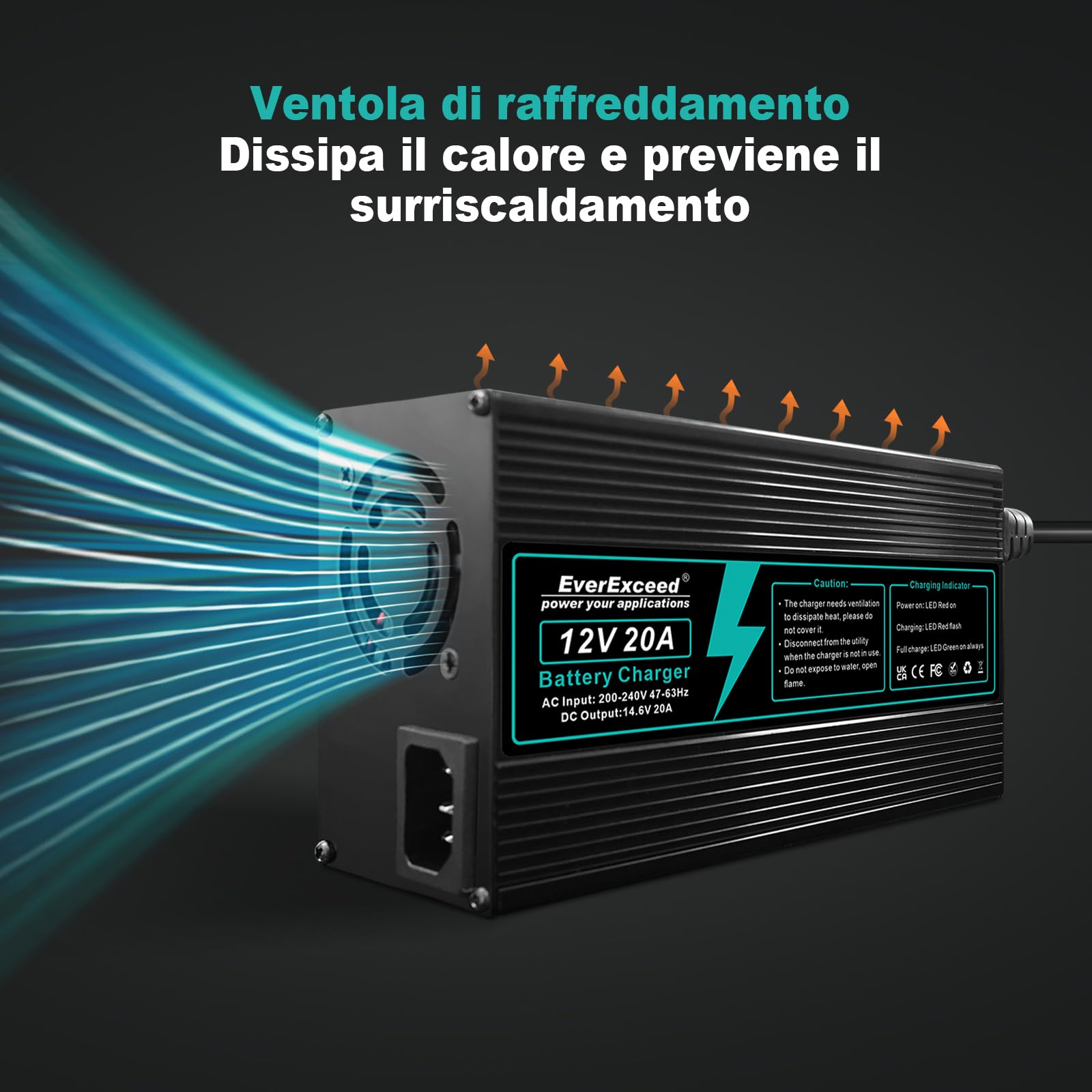 EverExceed Caricabatterie Lifepo4 12V 20A Lifepo4 Charger 14,6V AC-DC, Carica Batterie Litio 12V 20A per Lifepo4 batteria al litio a ciclo profondo di auto Marine RV