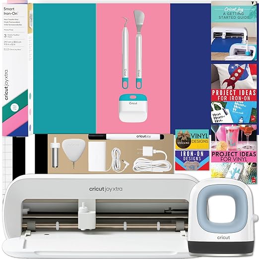 Cricut Joy Xtra and EasyPress Mini with Iron-On Vinyl Sampler Pack and Tool Kit Bundle - Cutting Machine with Small Heat Press and HTV Accessories, Cricut Beginner Kit with Everything to Get Started