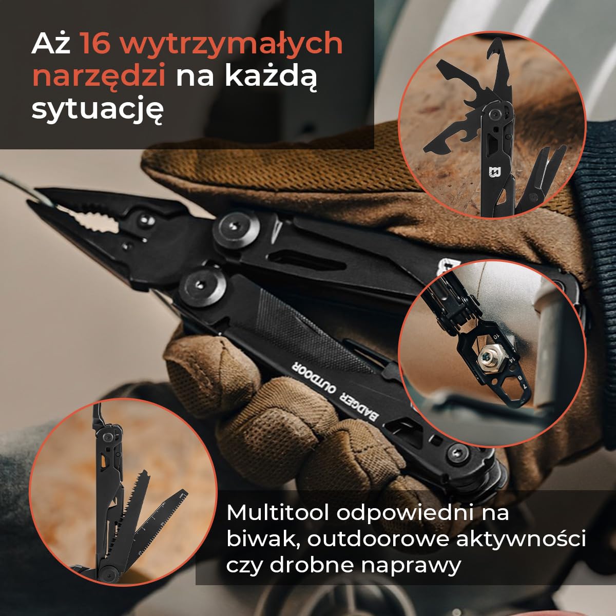 Badger Outdoor Solid Black Multitool 16w1 - Nóż Wielofunkcyjny - Scyzoryk Survivalowy - Narzędzie Turystyczne z Bitami - Prezent dla Mężczyzny - Sprzęt do Wędrówek, Campingu i Survivalu