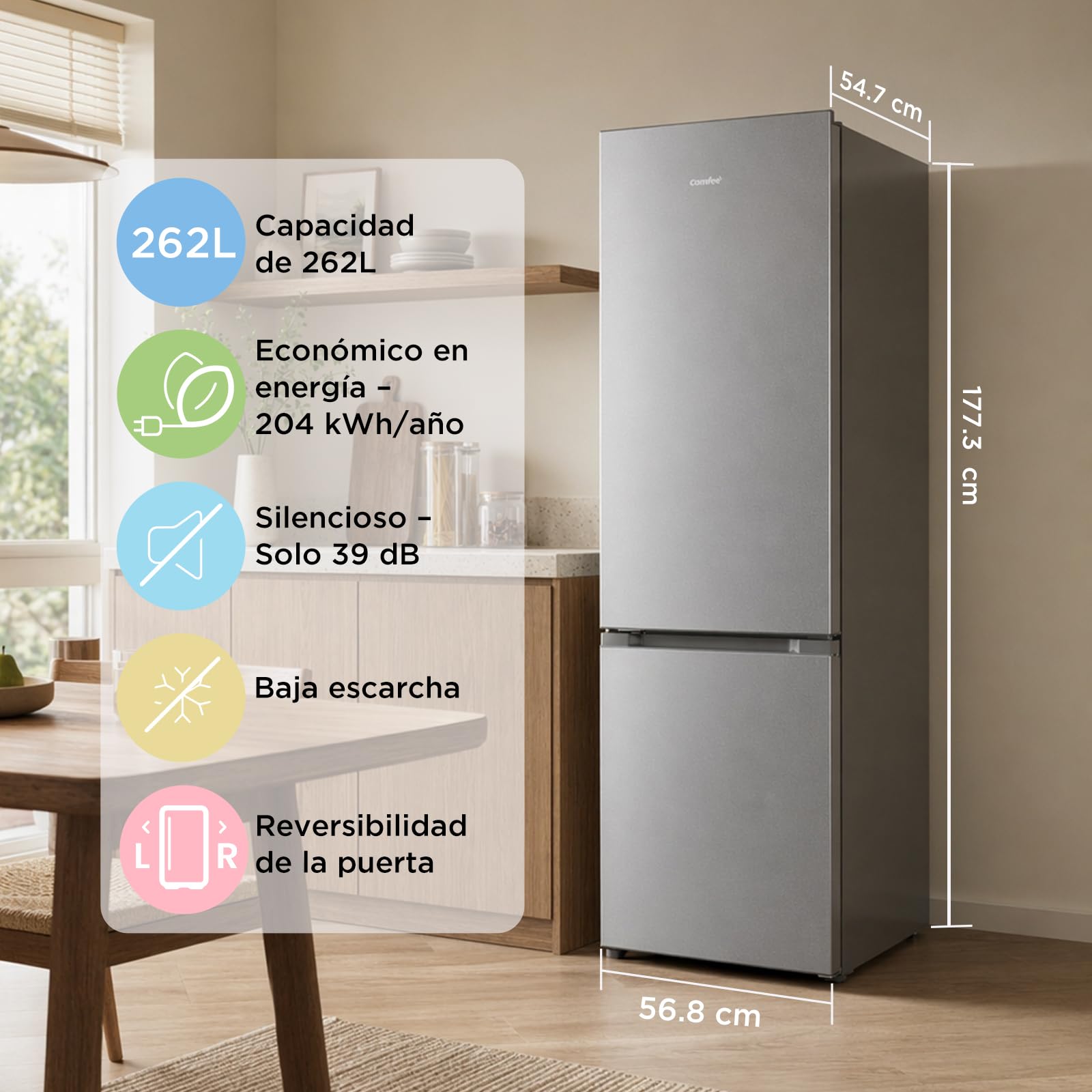 Comfee' RCB268LS2EU(E) Frigorífico Combinado, 262L, Gran Capacidad, Low Frost, Altura 177,3 cm, Bajo nivel de ruido 39 dB, Luz LED, Temperatura Regulable, Acero Inoxidable