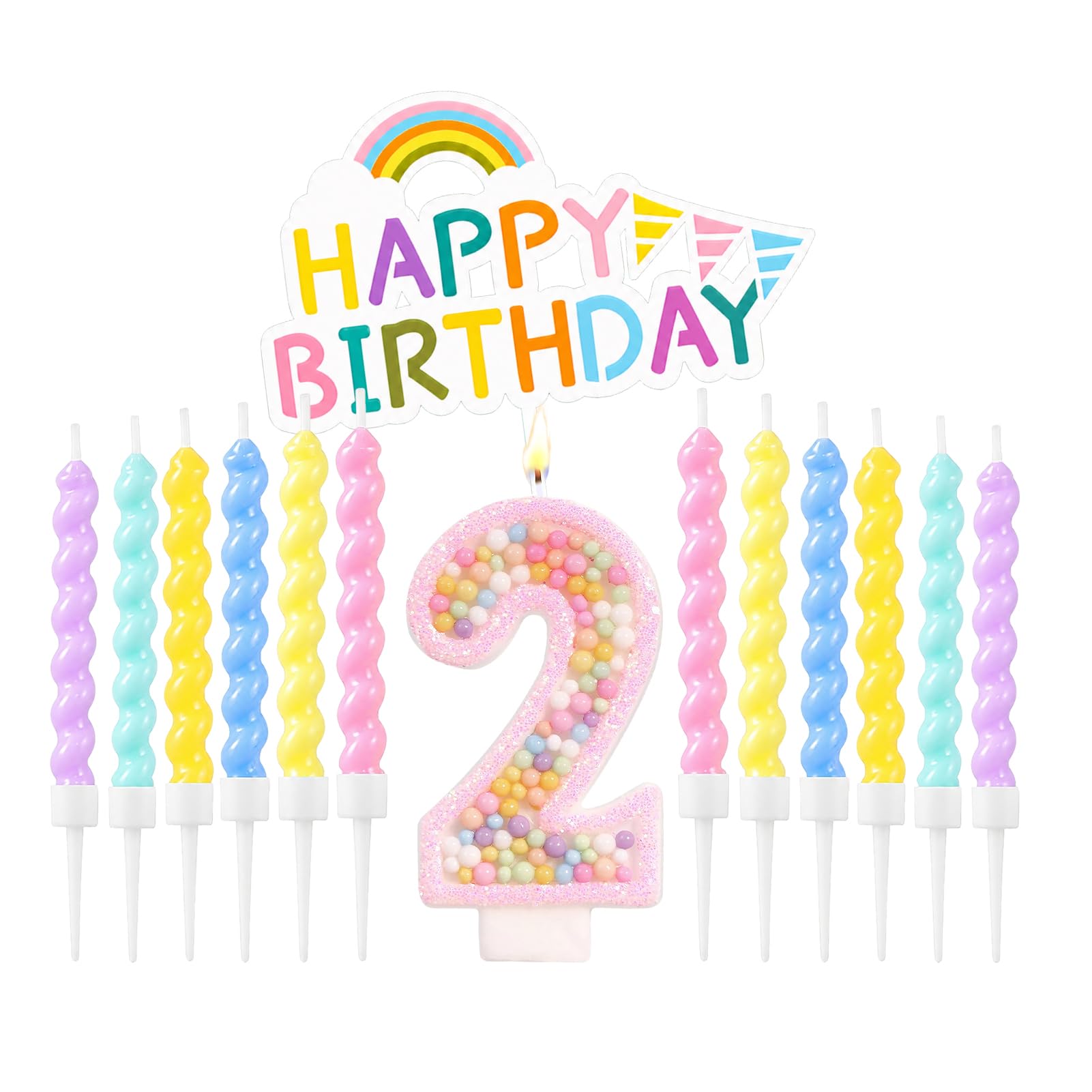 Number Birthday Candles Set with Rainbow Cake Decoration, Macaron Cake Toppers with 12pcs Pastel Spiral Candles for Boys Girls Birthday Party Supplies & Anniversary（Pink, 2 Candle）