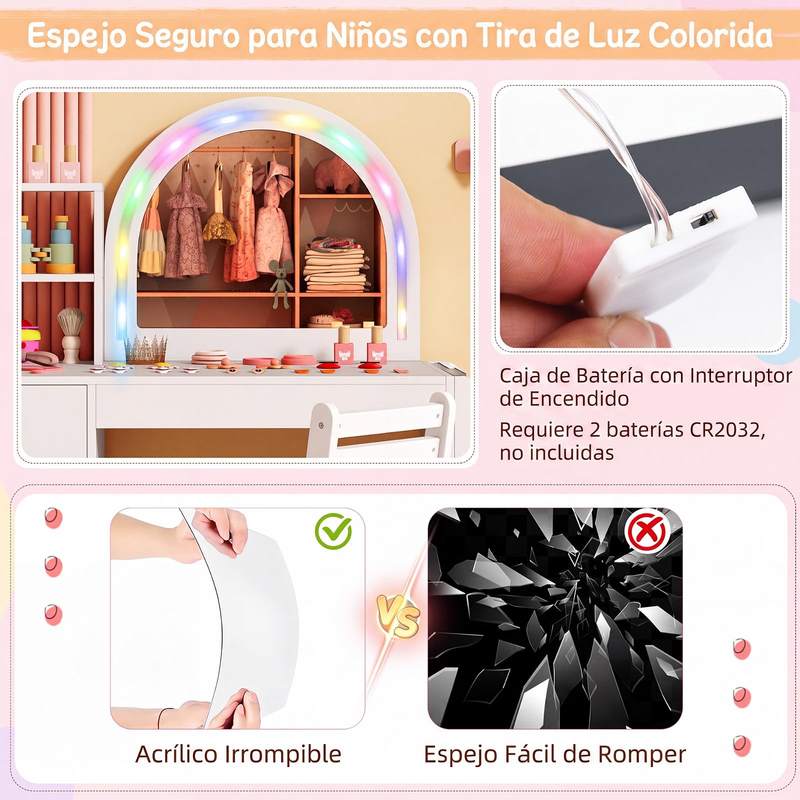 GOPLUS Tocador y Silla Infantil para Niños de 3+ Años (Blanco) | Tocador para Niñas con Espejo Iluminado, Estantería de 2 Niveles, Cajón, Silla Cómoda, Mesa de Maquillaje de Princesa