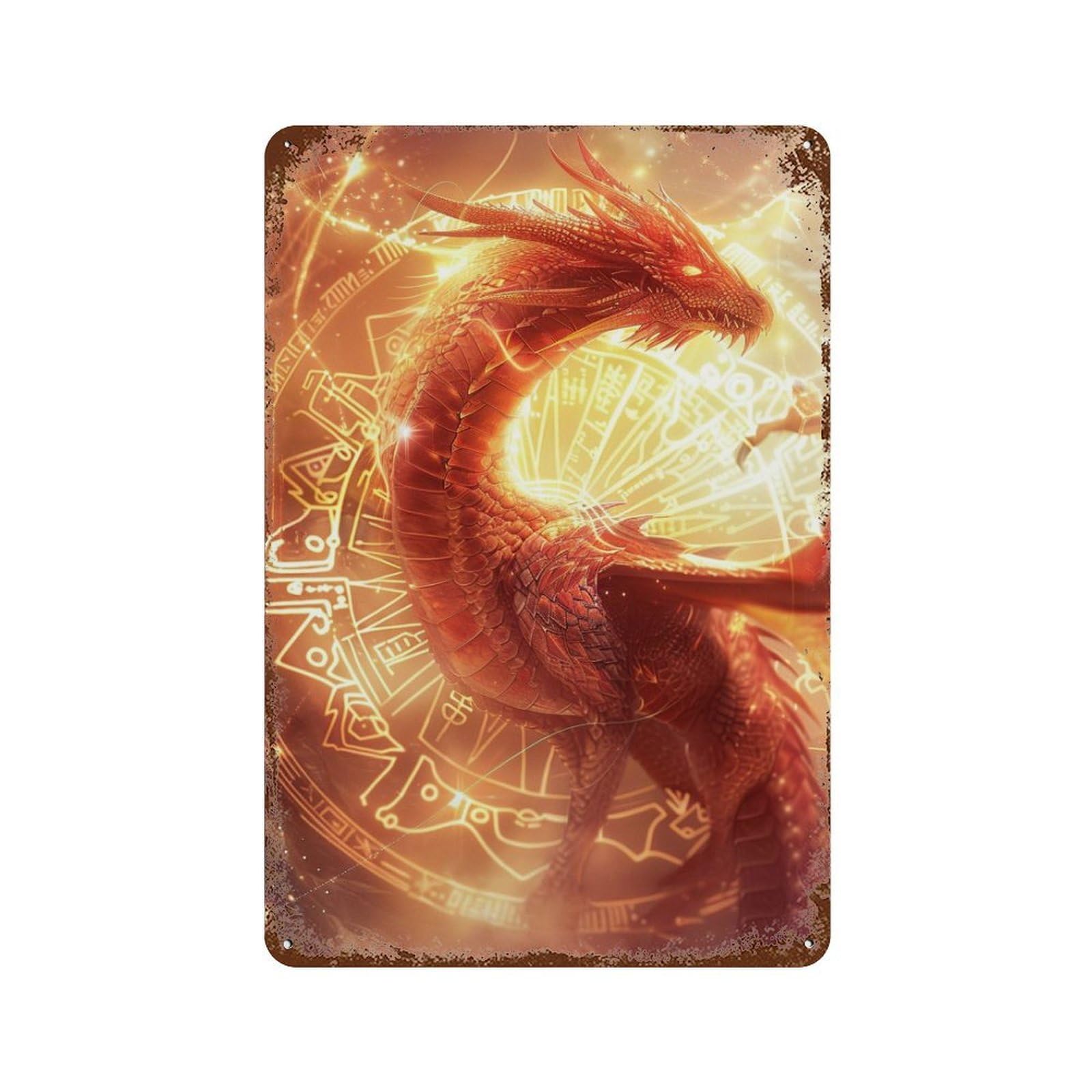 Garage Style Magical Fire Dragon Artwork -1 Distressed Metal Wall Sign 11.8"x7.9", Classic Wall Plaque for Bar And Workshop