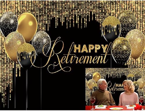Miniatura 1 de Telones de fondo para fotografía de jubilación con purpurina negra y dorada para fiesta de jubilación, fondo de fotos de 10 x 8 pies, fondo de