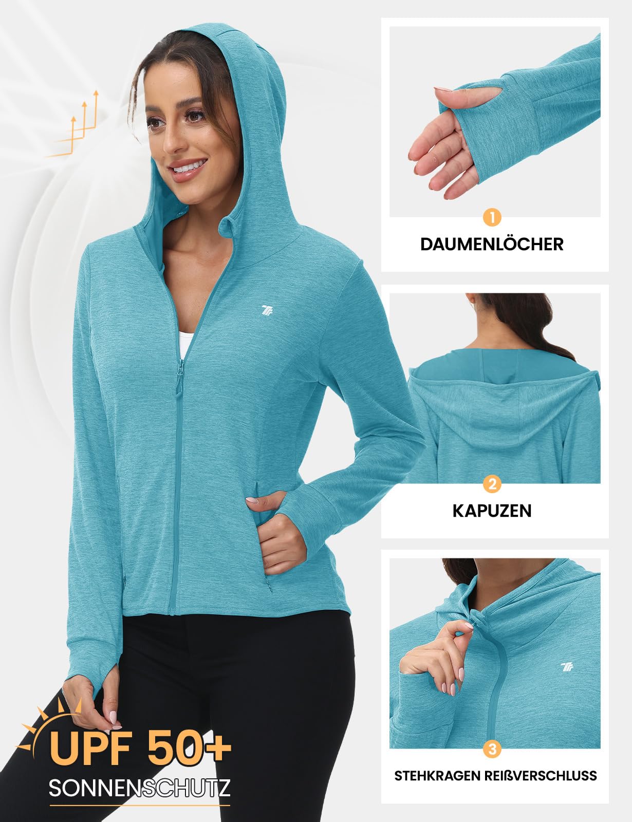 Rdruko Chaqueta de running para mujer con capucha UPF 50+ protección solar UV, con capucha y cremallera completa, chaqueta deportiva ligera, chaqueta de ciclismo de manga larga para correr, yoga
