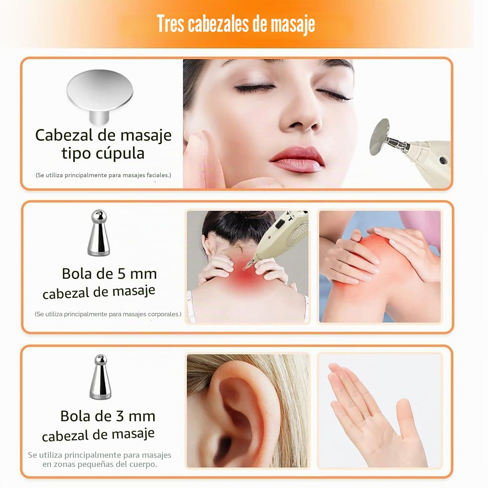 Detección automática de Puntos de acupuntura, 10 intensidades + 10 sensibilidades, frecuencia de Pulso: 1-23 Hz (Ajustable), con 3 sondas de Masaje, Recargable.