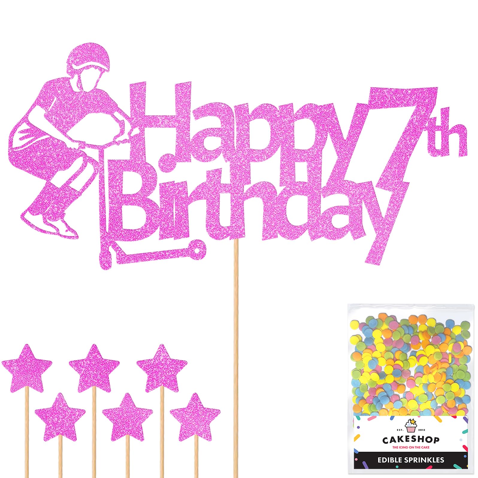Personalised Tail Whipper Stunt Scooter Glitter Cake Topper - Light Pink Custom Name Glitter Cake Decoration and Sprinkles - Happy Birthday Decorations - Personalised Toppers for Cakes by Cakeshop