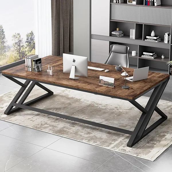 HSH Rustic 70.8" Computer Desk, Extra Large Industrial Home Office Desk, Long Modern Work Executive Pc Desk Study Writing table, Dual monitor Metal Wood Double Workstation for Two Person, Rustic Brown