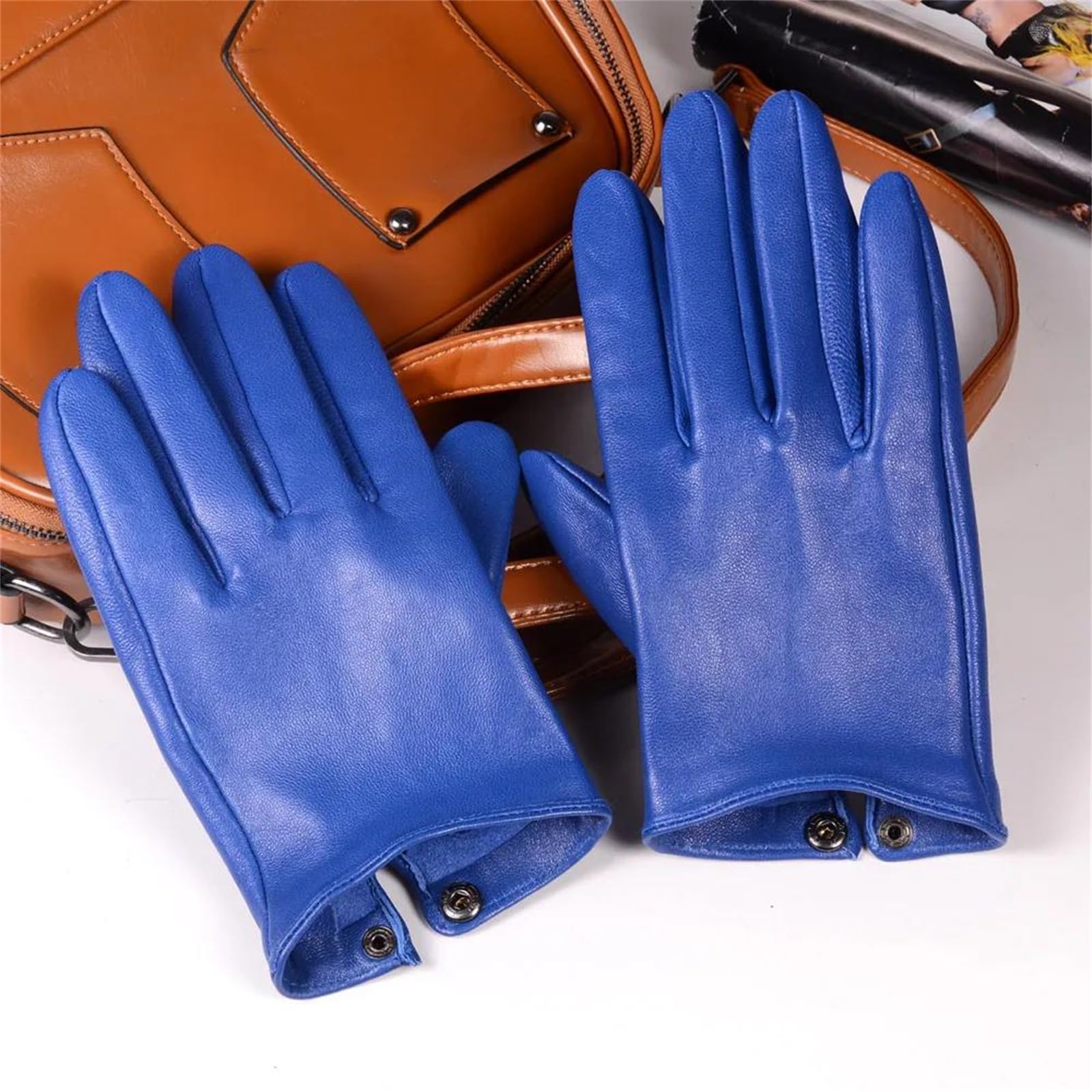 Guantes de piel de oveja auténtica azul para hombre, cortos, delgados, sin forro, para pantalla táctil, mensajes de texto, para conducir en el coche