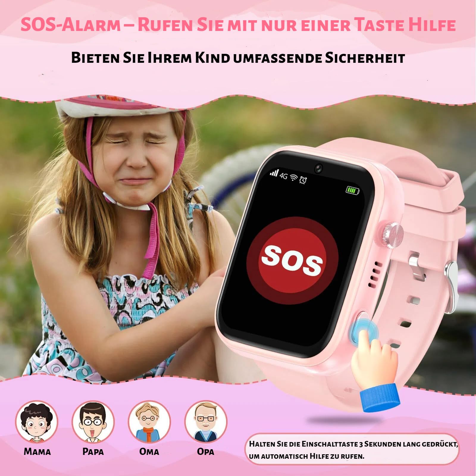 OKYUK Smartwatch dziecięcy 4G z trackerem GPS, dwukierunkowe połączenia, SOS, smartwatch z wieloma stylami pulpitu do wyboru dla 6-12 chłopców i dziewczynek (różowy)
