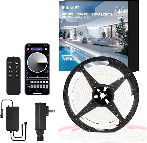 Miniatura 10 de 50 pies de tira LED COB para exteriores IP67 impermeable, 3000K blanco cálido DC24V tiras de cuerda LED flexibles con control remoto y aplicación