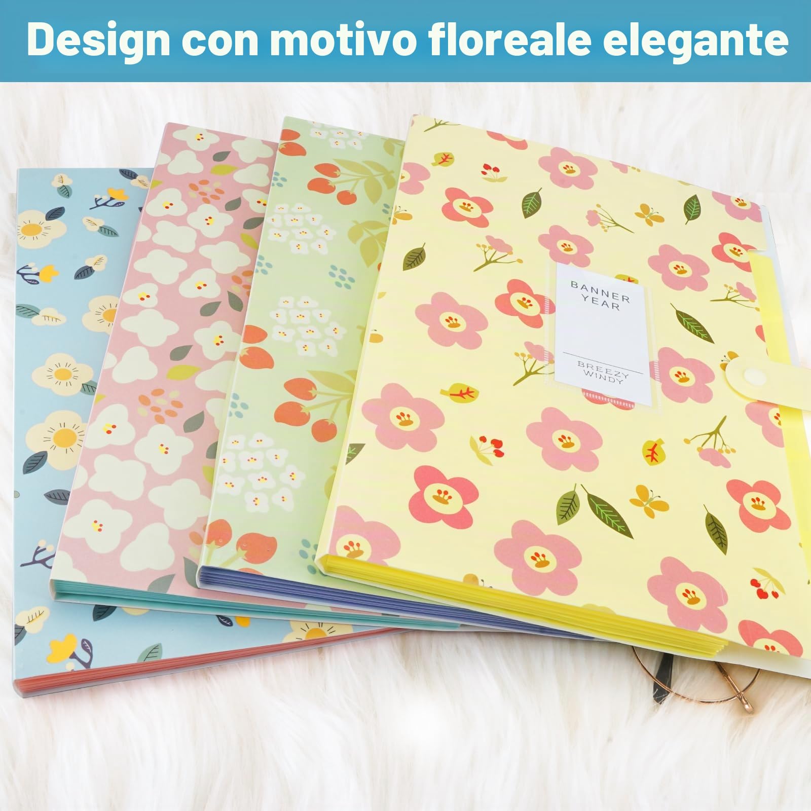 4 Pezzi Cartelline Portadocumenti A4, Porta Documenti A4 con 6 Tasche, Motivo Floreale Organizer Documenti, Cartellina Portadocumenti Espandibile con Chiusura, per Ufficio, Casa, Scuola | Cartella per compiti in formato A4, con divisori, per casa, scuola,