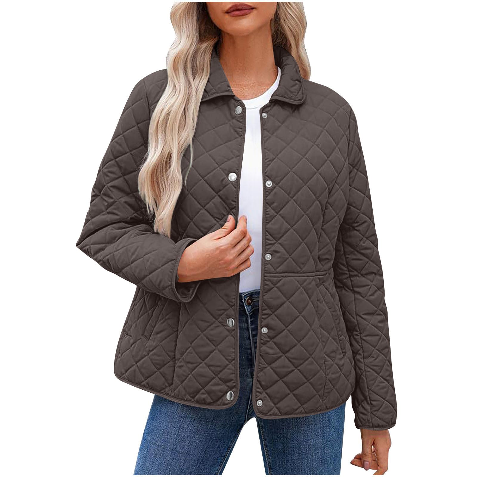 keepink Winter Jacket for Women Quilted Long Sleeve Button Down Solid Color Casual Bomber Outerwear Lightweight Warm with Pockets Relaxed Fit Trendy Down Coats 4# Dark Grey S-picture-36