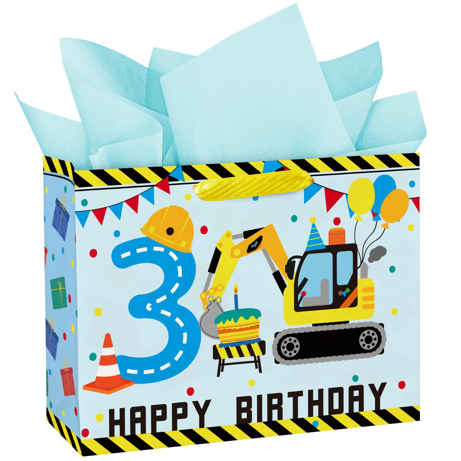 Loveinside 13" Large Construction 3rd Birthday Gift Bag with Tissue Paper - Excavator Engineering Paper Bags for Three Year Old Kids Birthday Party