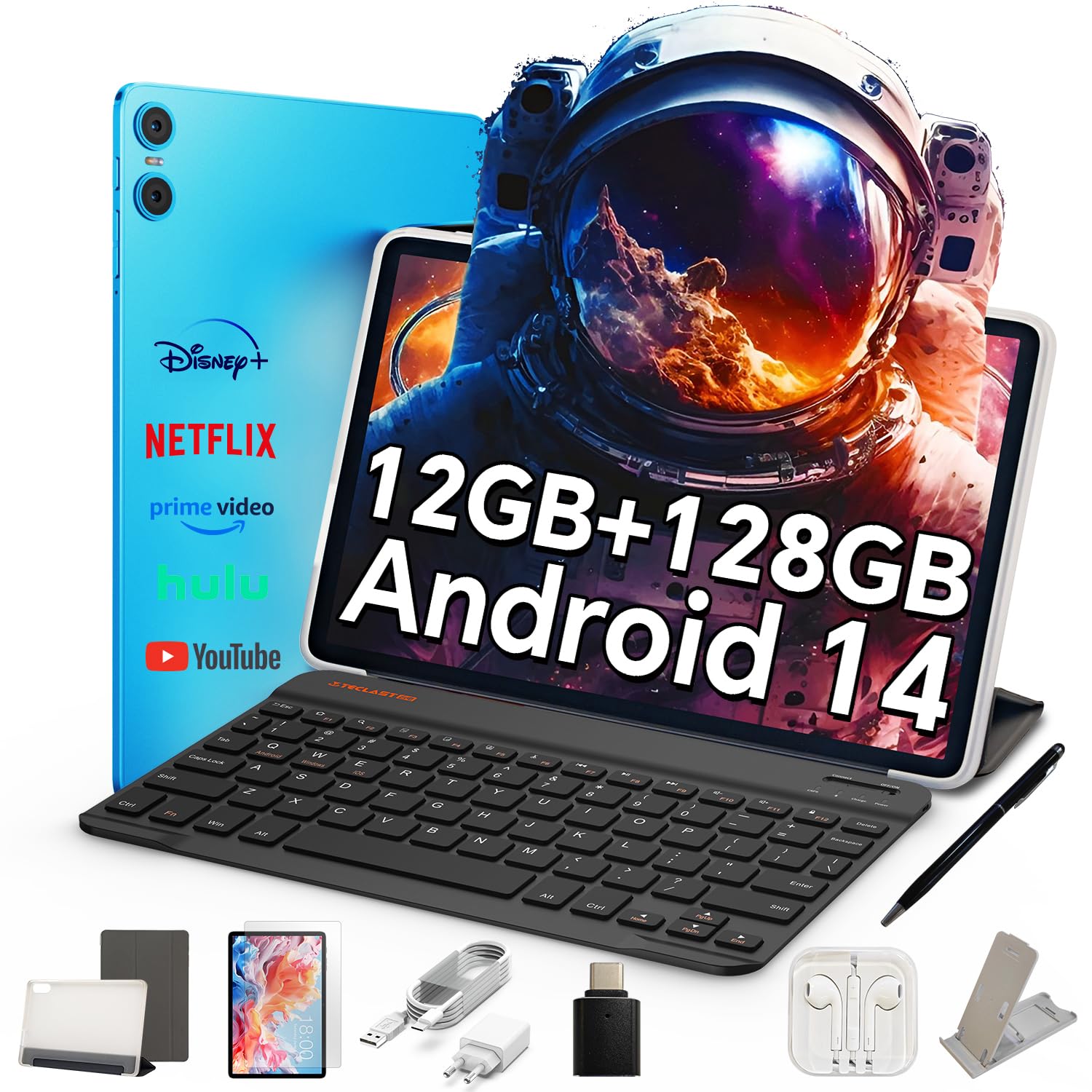 TECLAST P30 Android 14 Tablet 10.1 Pollici, 12GB RAM+128GB ROM(TF 3TB), 2GHz Octa-Core, Widevine L1/5GHz WiFi/GPS/OTG/BT5/6000mAh/Tablet con Custodia+Tastiera+Penna+3.5mm Auricolari, 8 Accessori-2025