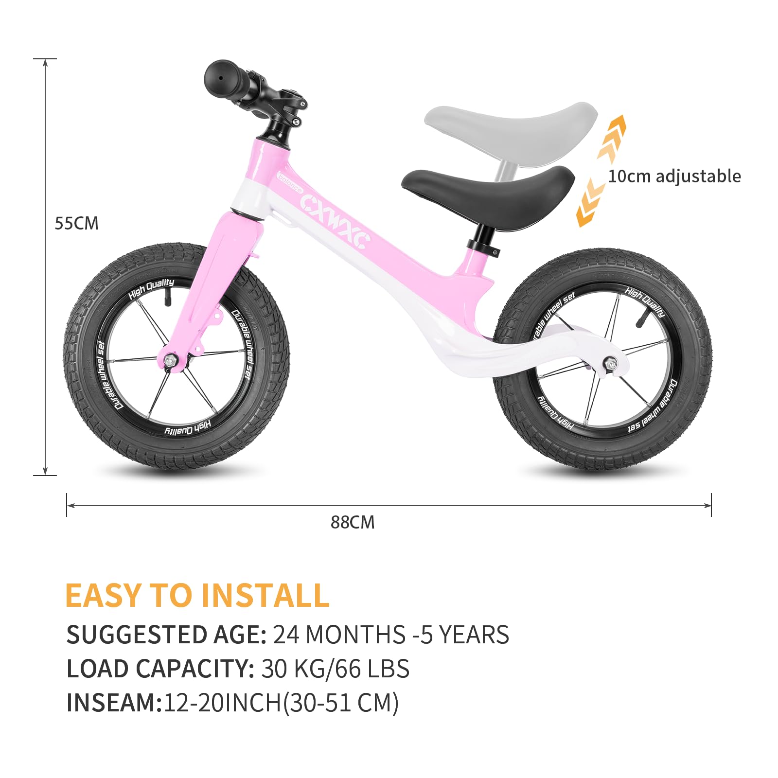 CXWXC Ruota a partire da 2 anni fino a 30 kg, telaio in magnesio, sella regolabile in altezza, ruote da 12 pollici, bicicletta per bambini da 24 a 60 mesi