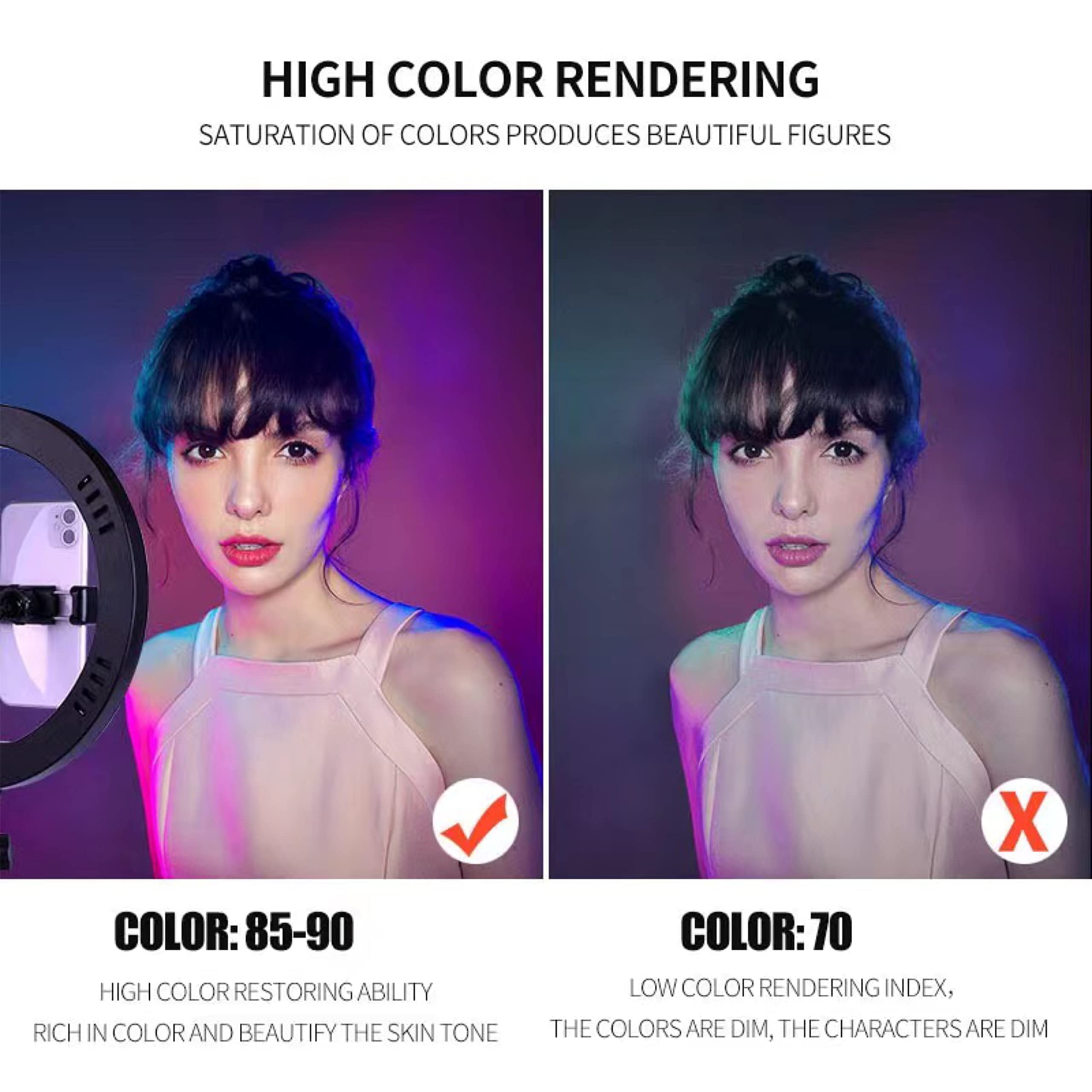 Anneau Lumineux LED,10 Pouces à intensité variable avec trépied et support pour téléphone portable, 8 couleurs / 10 niveaux de luminosité,pour selfie, maquillage, Tik Tok, Live Streaming