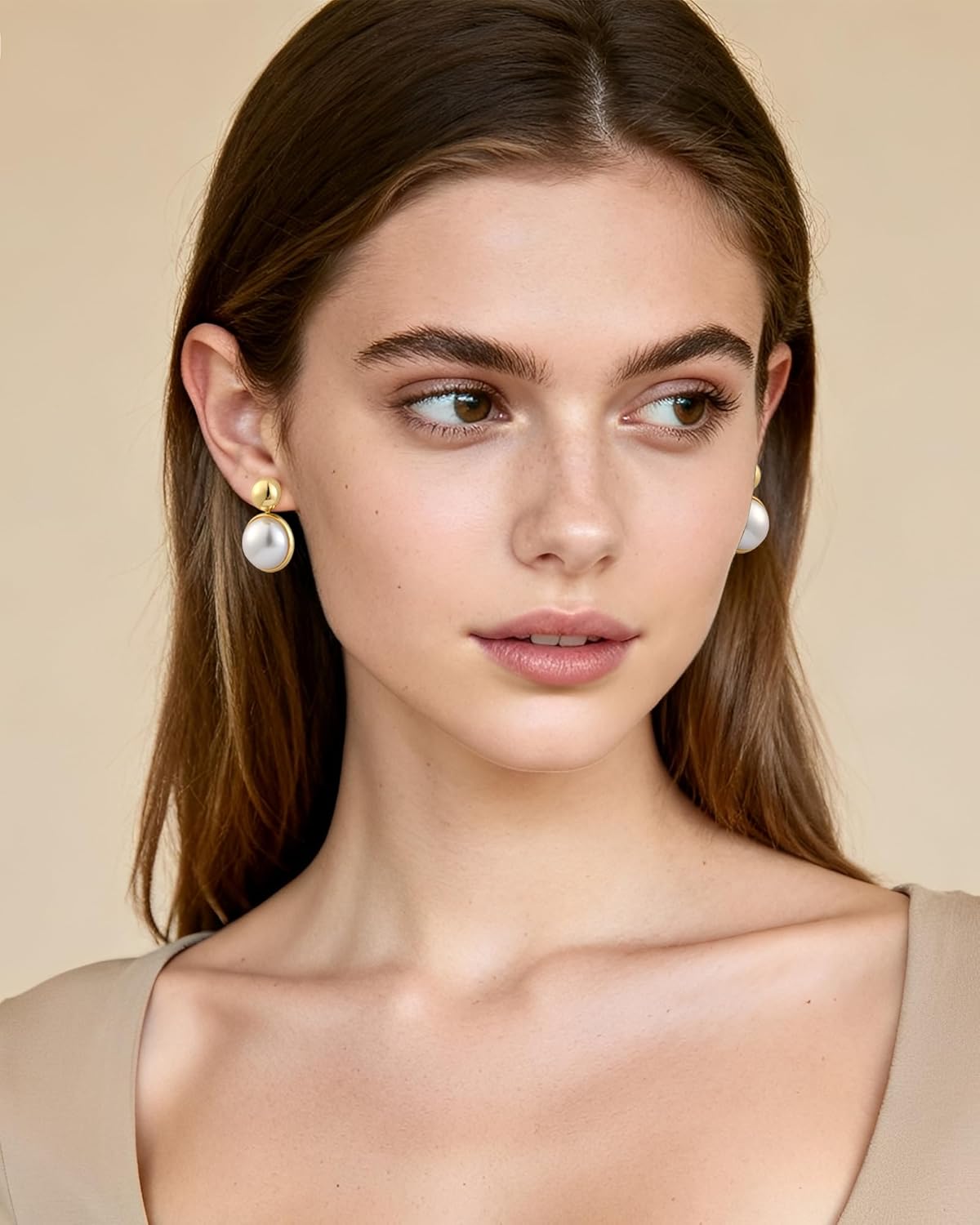 14K Gold Plated White Pearl Stud Drop Dangle Round Bride and Bridesmaids Wedding Earrings for Women - Image 3