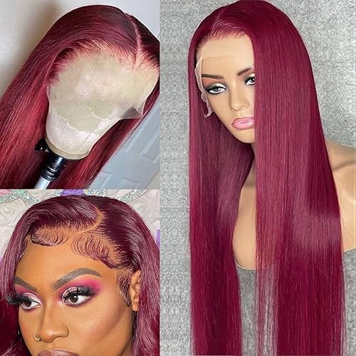 Miniatura 8 de LANQI Pelucas de cabello humano 99j de 26 pulgadas, color rojo borgoña 99j, 13 x 4 HD, lacio, densidad del 150%, línea de cabello natural con