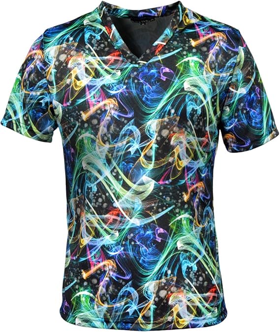 Amazon ブラックバリア Black Varia Tシャツ 幾何 光 宇宙柄 Vネック 薄手 総柄 ムラ 半袖tシャツ グリーン緑ブラック黒 M Tシャツ カットソー 通販