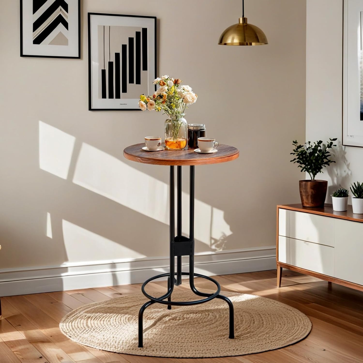 Pub Table Round Bar Height Metal Base Solid Wood Top Bar Table with Black Leg Dia23.62Inch Top, 41.34Inch Height (Black), Black+brown, NF14-TB-BLACK-030(YZ)