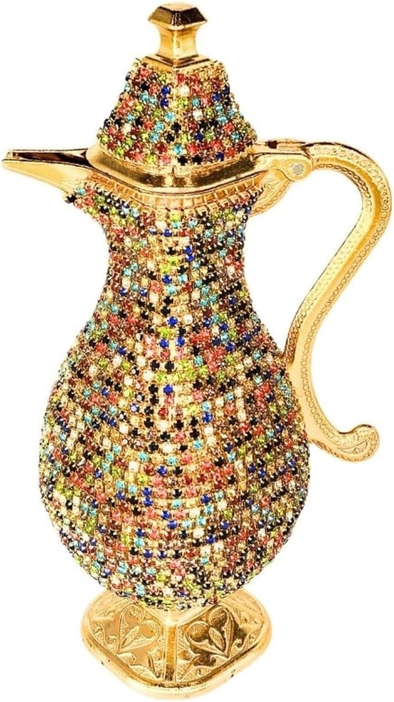 Steel Water Bottle Pitcher with Zirconia Stones | Handmade Metal Carafe Water Tea Coffee Jug Vintage Bottle | Turkish Ottoman Zamzam Pitchers (280 ML/9.4 Oz, Colorfull Stone, Gold Color)
