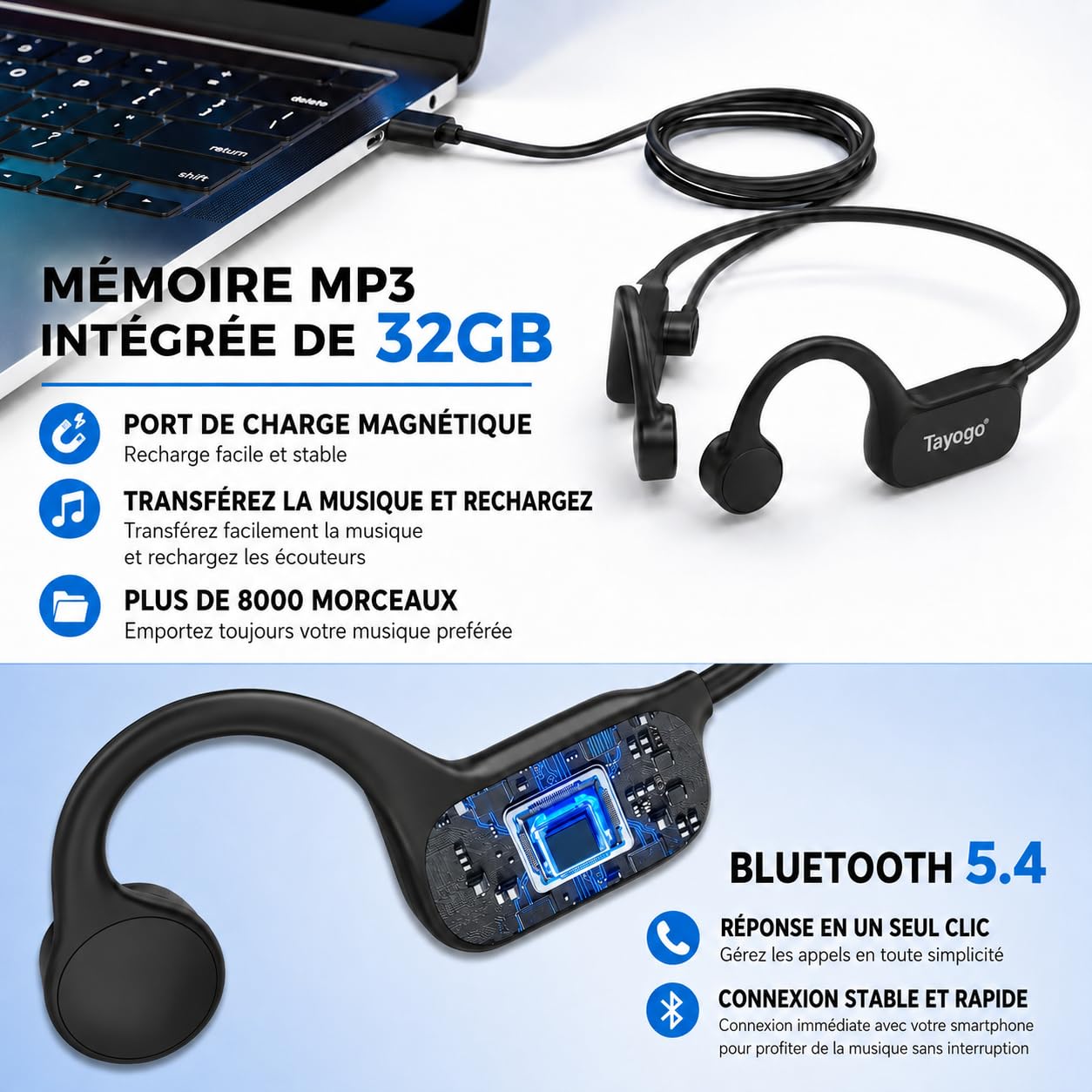 Tayogo Casque Natation Conduction Osseuse IPX8, Lecteur MP3 Étanche 32 Go avec Bluetooth 5.4, Écouteurs Open-Ear Sport avec Micro, Piscine, Mer, Triathlon, Course, Fitness, W26