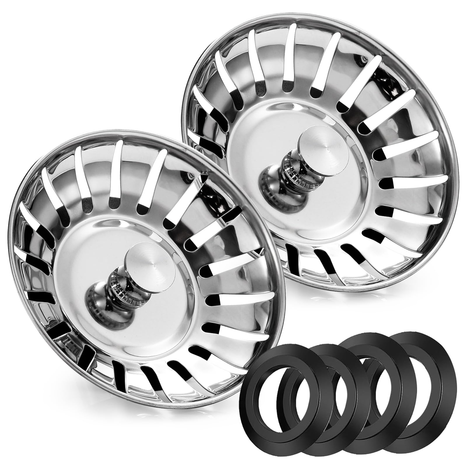 2 Pack Stainless Steel Kitchen Sink Bowl Strainer and Plug, 80mm Kitchen Sink Plug for Single Double Bowl Use, Kitchen Bathroom Food Hair Catcher Filter Stopper - Prevent Clogs, Bad Smells