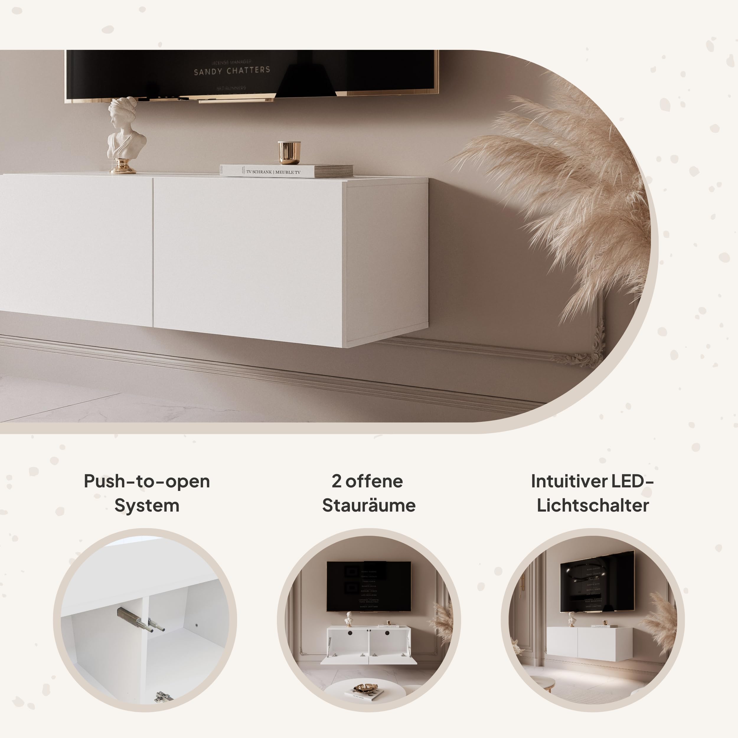 100 cm TV Lowboard Weiß Hochglanz 100cm mit 2 Praktischen Großen Fächern und LED Beleuchtung - TV Board Hängend Passend Für Stilvolle Wohnräume