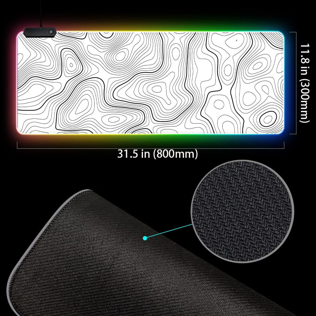 Podkładka pod mysz RGB LED podkładka na biurko duża gamingowa podkładka pod mysz biała z czarnym wzorem topograficznym linii, podkładka pod klawiaturę XL podkładka pod mysz do domu i biura (biała z