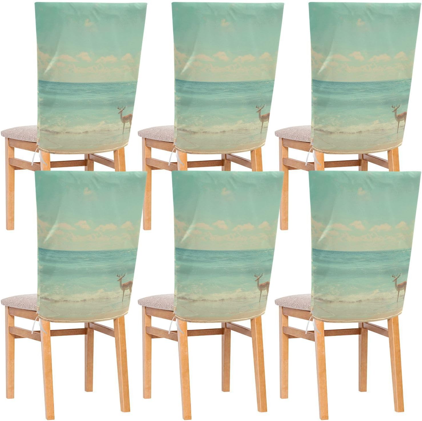 ALAZA Deer on The Summer Beach Chair Back Cover Set of 6, Washable Reusable Removable Chair Slipcovers Decorative Chair Cover for Home Kitchen Wedding Party