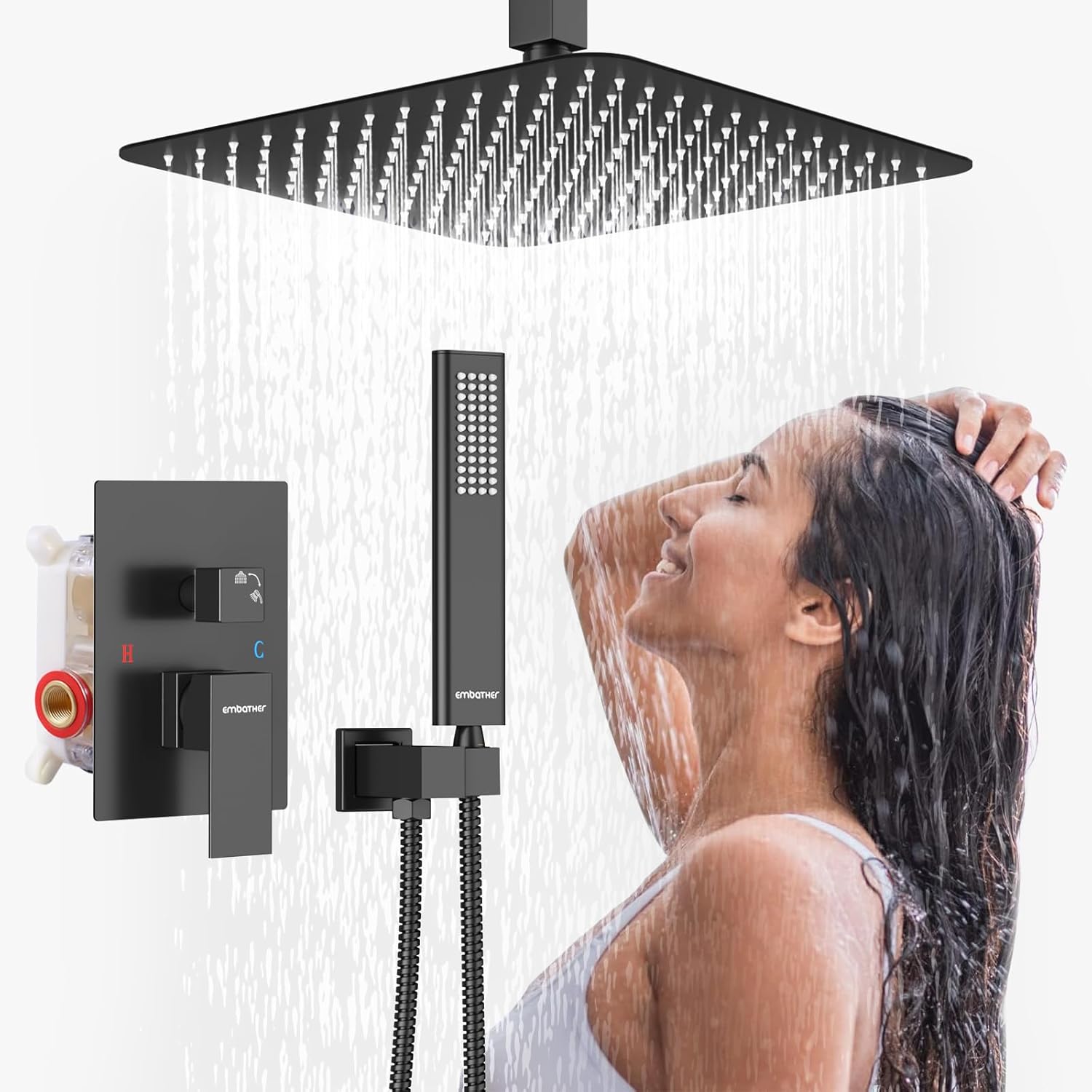 EMBATHER Black Shower System Ceiling Mounted, 12 Inch Rainfall Shower