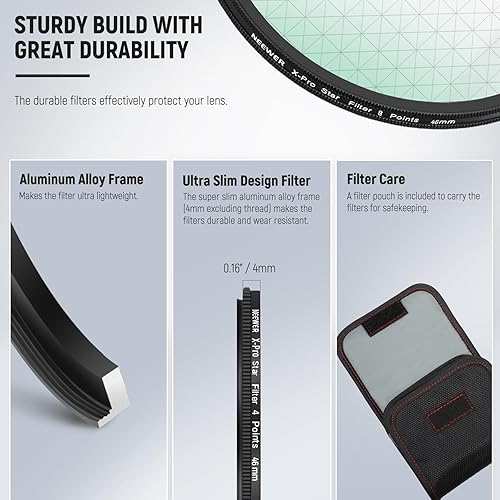 Miniatura 7 de NEEWER 3 filtros de estrella de 1.81 pulgadas, filtro ajustable de efecto estrella de pantalla cruzada (4, 6, 8 puntos) con marco de aleación de