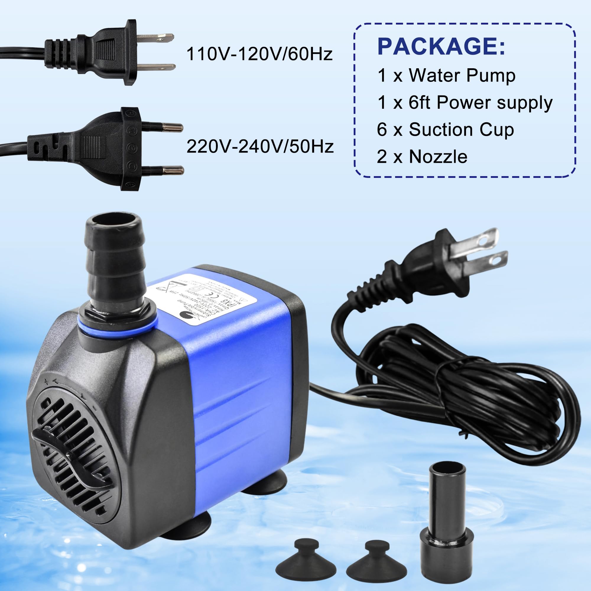 CHANCS 8W 118GPH petite pompe à eau submersible AC 220V mini-pompes de bassin pour bassins extérieurs