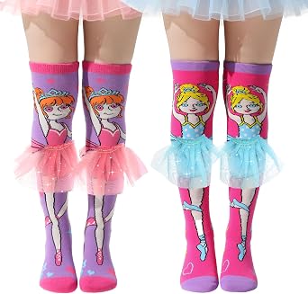 2 Pairs Crazy Socks for Girls 3D Ballet Skirt Knee High Socks