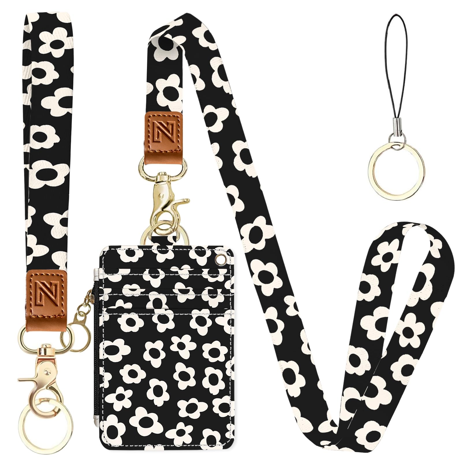 Black and White Flowers 2-in-1 ID Badge Holder & Lanyard Wallet for Teachers,Nurse,Professionals-Cute Zippered Coin Pouch,Removable Wristlet & Neck