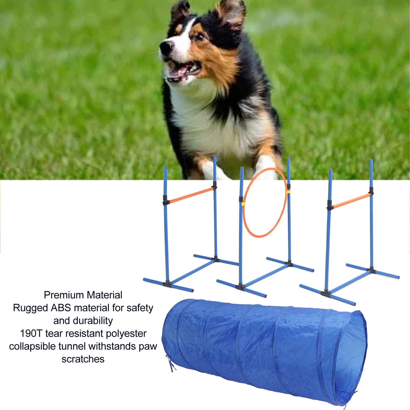Hunde-Agility-Trainingsausrüstung, zusammenklappbarer Tunnel und Sprungringstangen, hochwertige ABS- und Polyesterfaser, für den Hof- und Außenbereich, 61 x 61 x 145 cm großer