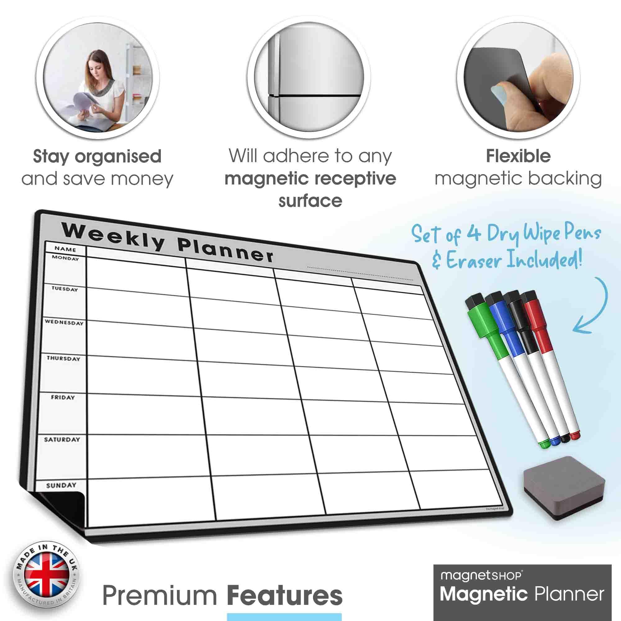 The Magnet Shop #1 Magnetic Whiteboard Planner Pack/Custom Dry Erase Set - Weekly Planner, My List, Monthly Calendar, 4 Dry Wipe Marker Pens, Eraser (Grey, Bundle 3) - Image 3