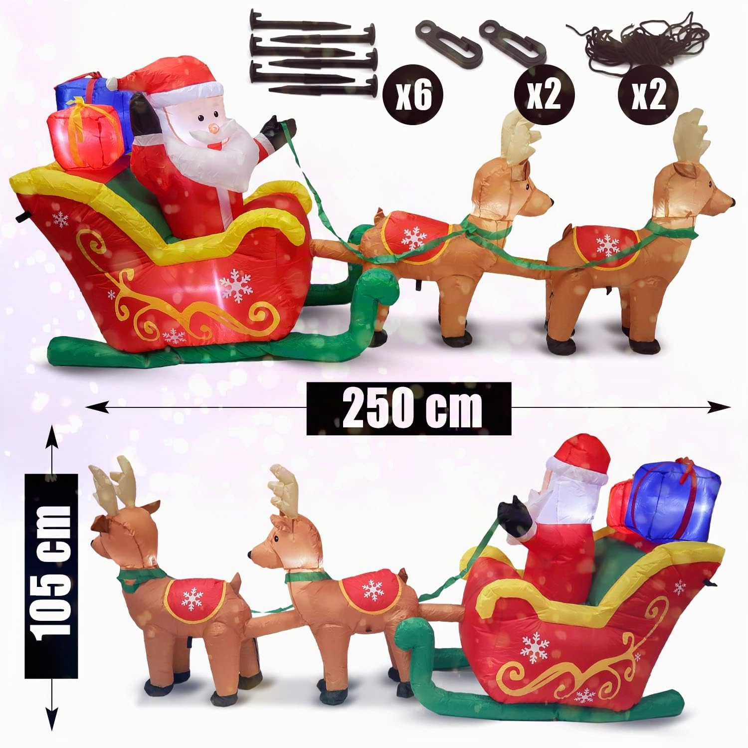 TRONJE 2.5m Babbo Natale Slitta Gonfiabile con Luce LED - Illuminato Renna Slitta Figurina Natale Decorazioni Natalizie Esterni - Ventola Permanente